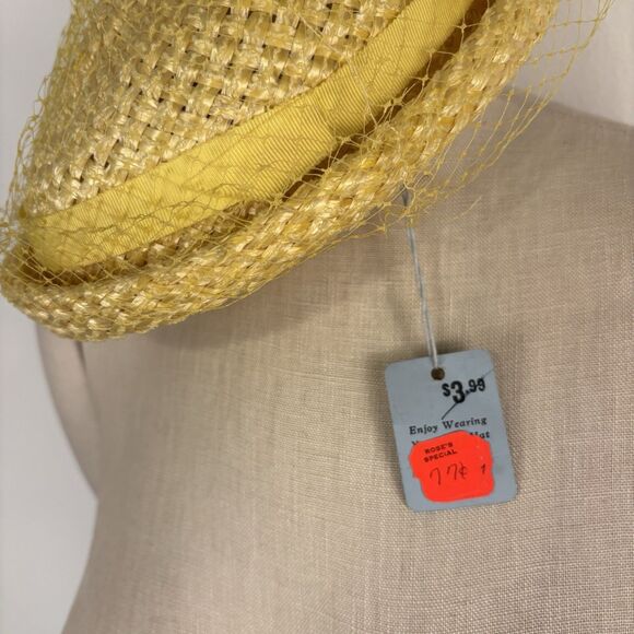 VTG 1940s 1950s Veiled Straw Woven Yellow Hat Headpiece Netting Union Made - Picture 5 of 5